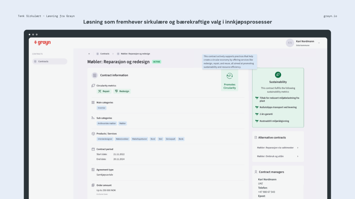 Skjermdump fra Grayn sin løsning som viser et eksempel på en innkjøpsavtale for reparasjon og redesign av møbler.